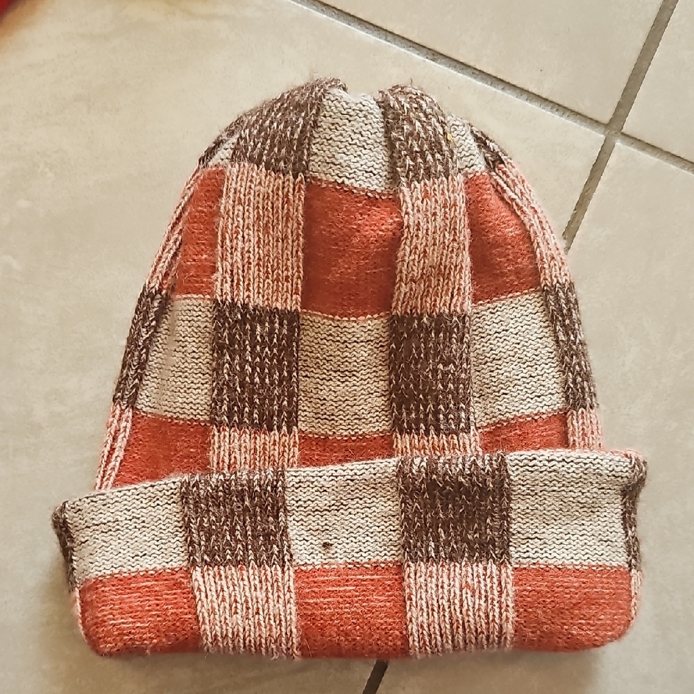 Vintage Paul Harris Brown and Orange Checkered Beanie Knit Hat